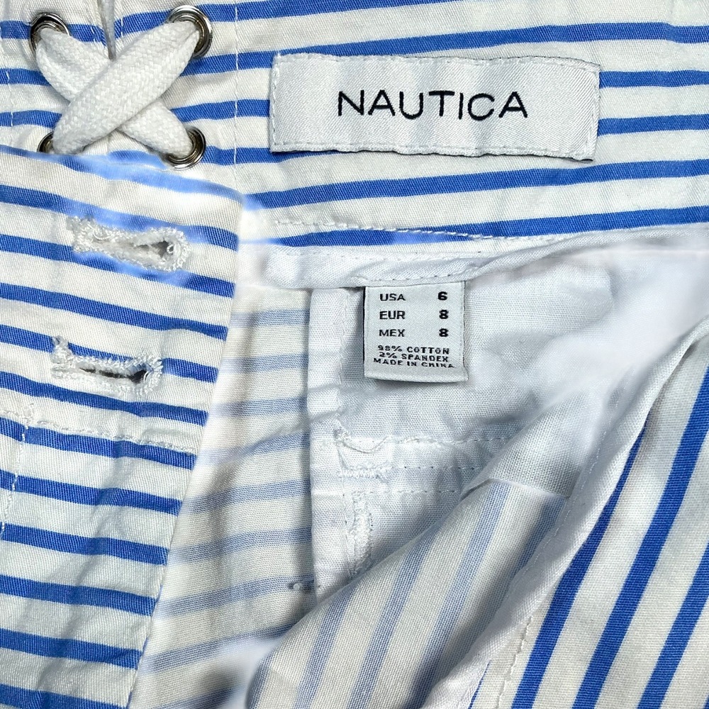 Nautica Shorts Women 6 Blue White Striped Lace Up Back Cotton - Picture 3 of 6